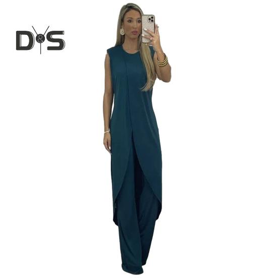 

Женский комплект из 2 шт./компл., топ, брюки, неровный подол, широкий штанин, однотонный, мягкий, с круглым вырезом, свободная длинная блузка без рукавов, комплект брюк M темно-зеленого