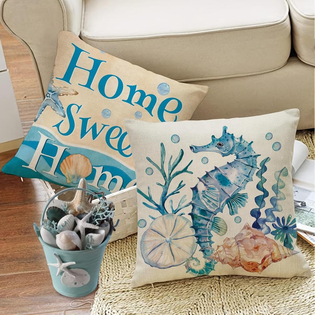 1/4 Stück Küsten-Zierkissenbezüge Aquarell Strand Ozean Thema Heimdeko Kissenbezüge für Sofa Schlafzimmer Terrasse Kissenbezug