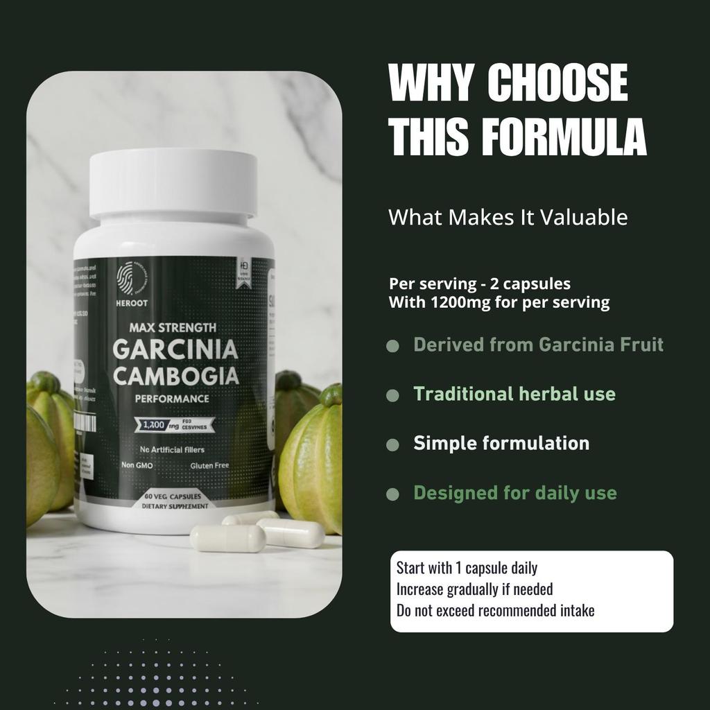 Heroot Garcinia Cambogia Kapseln 1200mg, HCA 95% Extrakt, 60 Kapseln für das tägliche Wohlbefinden