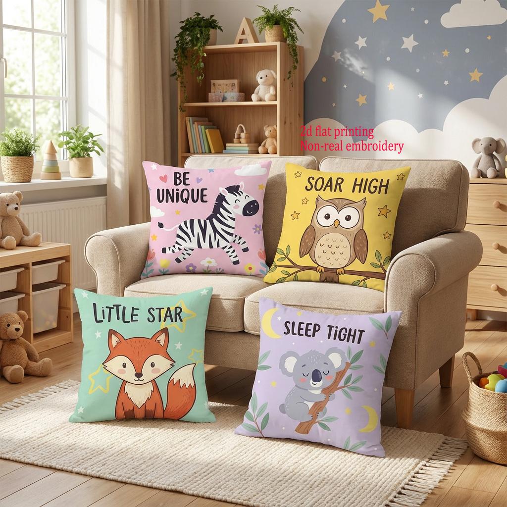 1/4pcs Cute Cartoon Animal Throw Pillow Covers Kids Room Decorative Cushion Cases with Inspirational Slogans Cushion cover