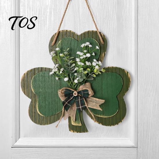 St Patricks Day Gift for Home St. Patrick's Wooden Clover Door Sign with Hemp Rope, Rustic Double Layer Shamrock Hanging Front Welcome Decor