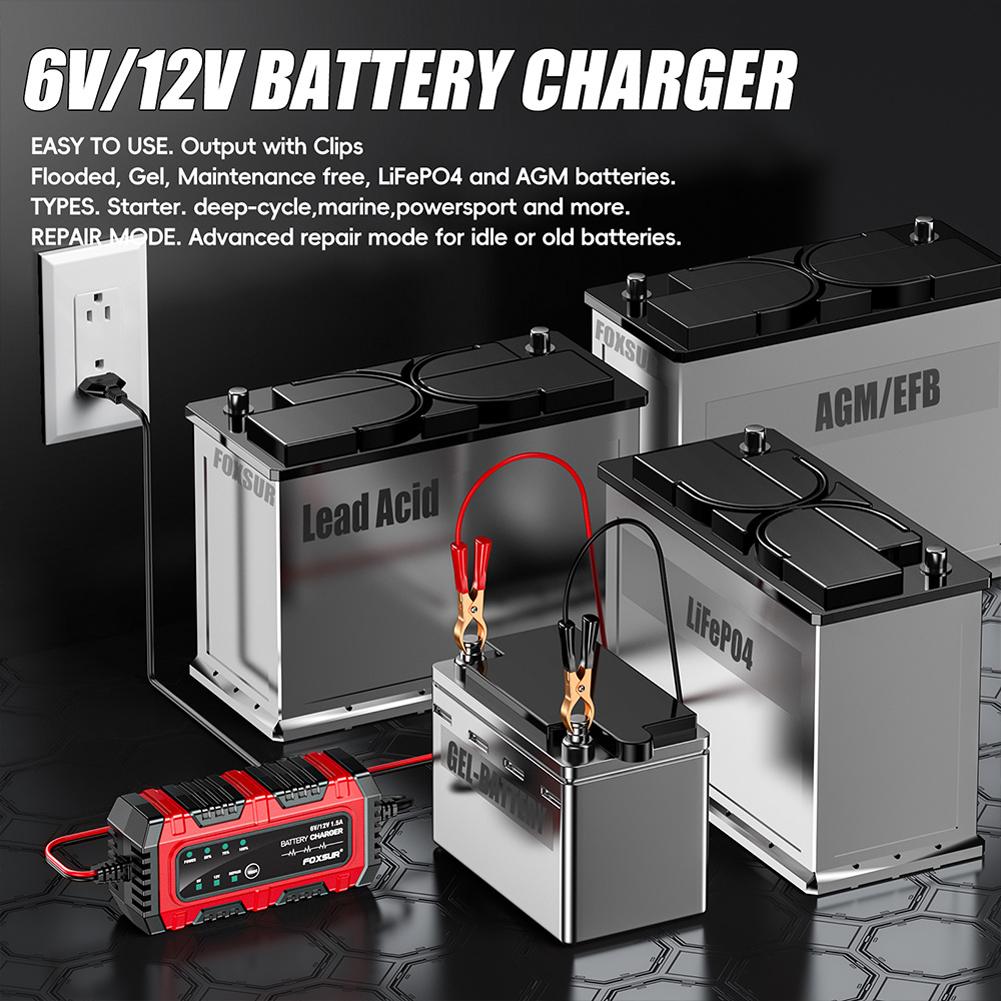 6V 12V 1.5A Electric Motorcycles Charger Smart Charger Car and Motorcycle Battery Charging Unit for Lead-Acid AGM GEL Batteries