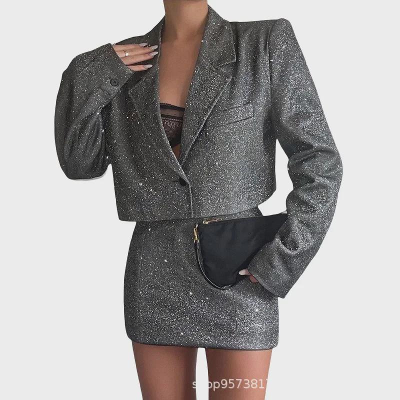 2024 Trendy europäischer und amerikanischer Stil: Sexy High-Waist-Rock mit Revers und Langarmjacke für Herbst und Winter.