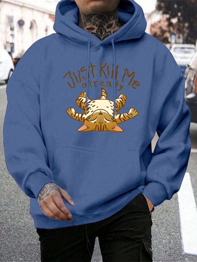 Bring mich einfach um schon Cartoon Katze Muster Herren Hoodie Harajuku Herbst Streetwear Mehrfarbig Fleece Pullover Locker Kängurutasche Hoodies