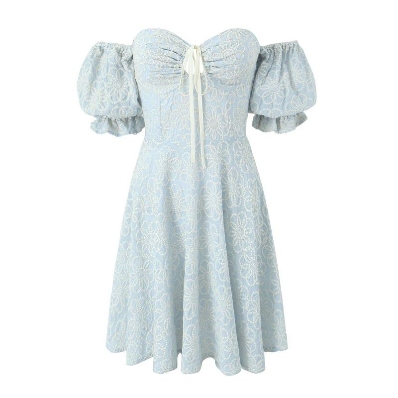 

Exquisite Flowers off-Shoulder Princess Dress Embroider Milk Blue Cheese(High quality) L