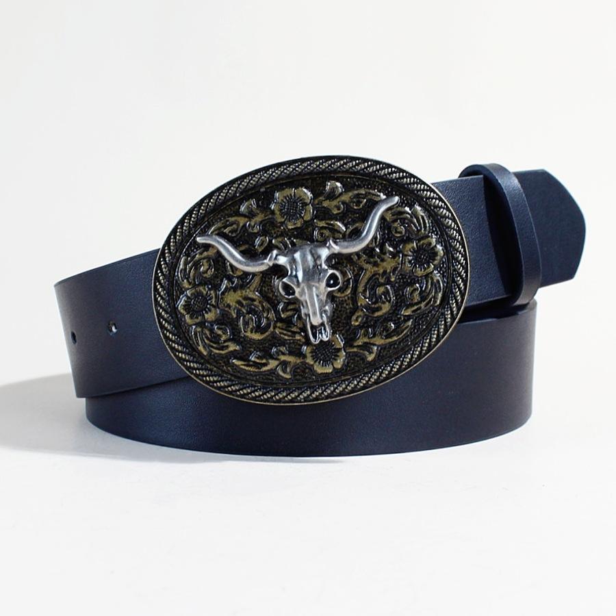 

Wide Belt Women 3.8Cm Wide Retro Style Animal Bull Head Oval Western Buckle Women Black Trousers Belt Women 110Cm long
