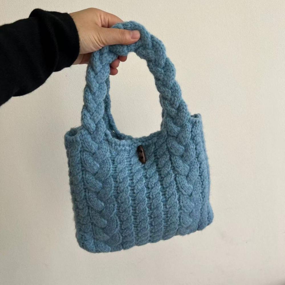 Creative Multicolor Twists Knitted Handbag Soft Cow Horn Button Weave Woolen Bag Large Capacity Cute Knitted Wrist Bag Travel