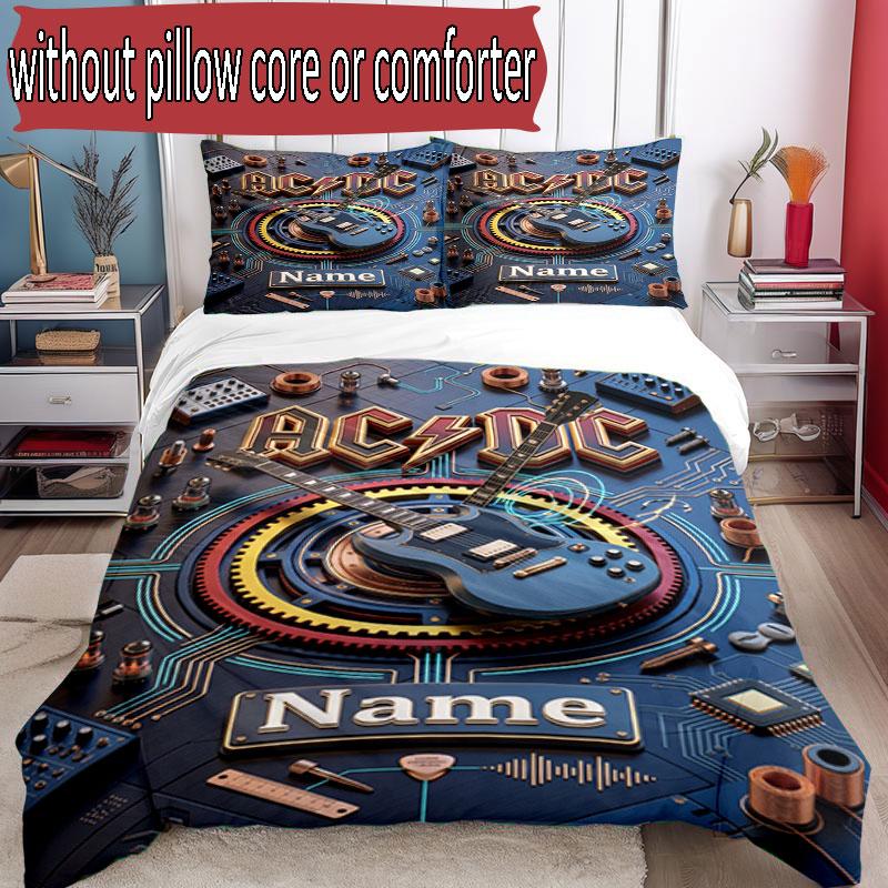 3pcs Duvet Cover Set (1*Duvet Cover + 2*Pillowcase, Without Core), Custom Name ACDC BAND Pattern Bedding Set, Home Bedroom Decor Gift
