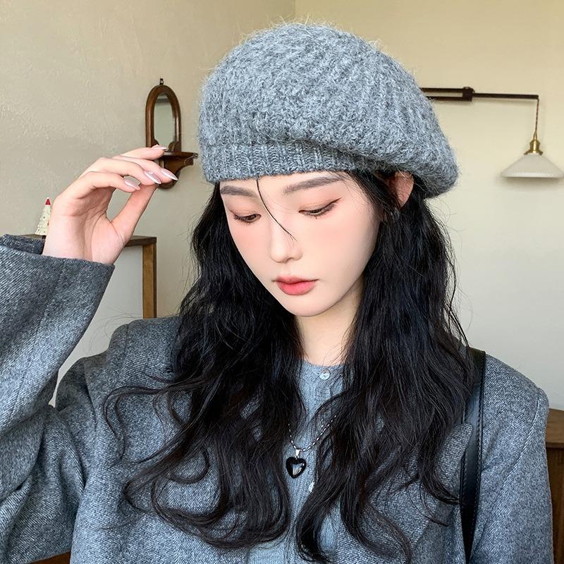 Coarse wool beret women's plain face versatile soft waxy thickened warm face small knitted painter hat