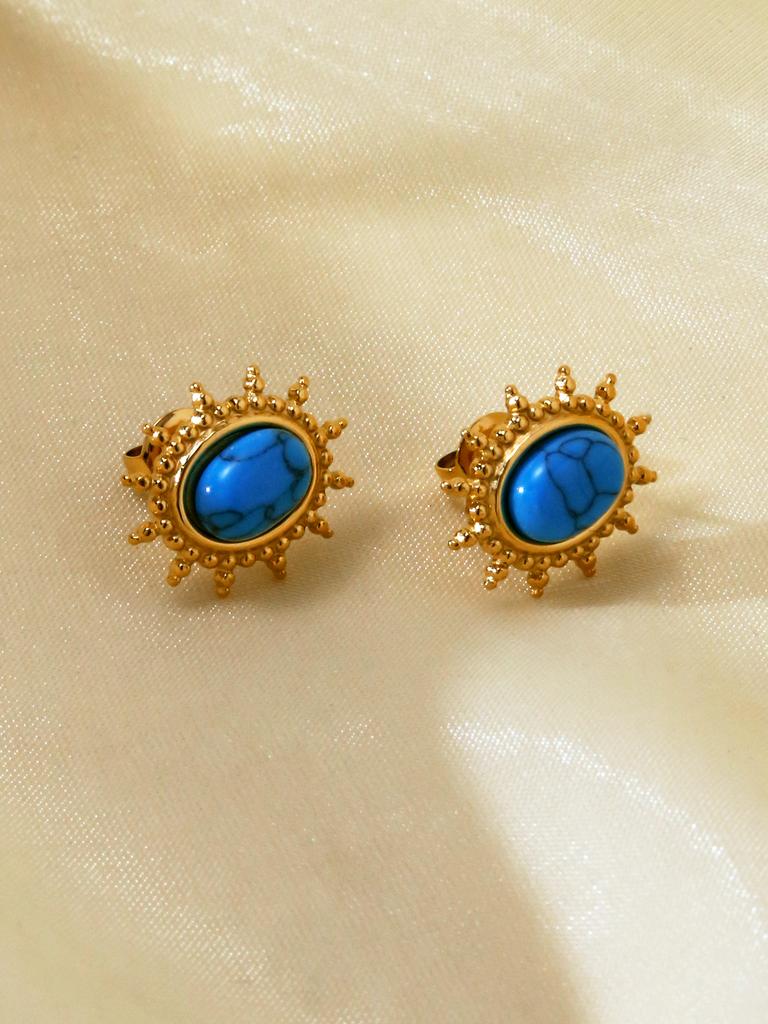 1 Pair Vintage French Natural Stone Blue Zircon Stainless Steel 18k Gold Plated Women's Stud Earrings for Women's Daily Wear