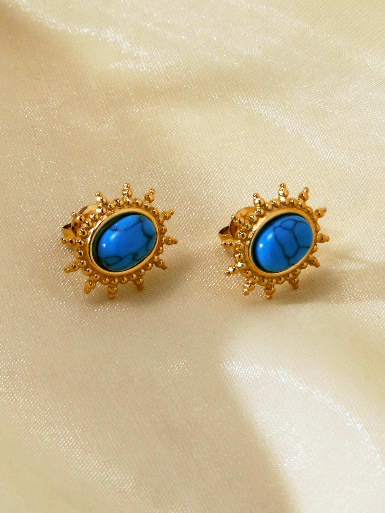 

1 пара винтажных французских серег-пусет из натурального камня, синего циркона, из нержавеющей стали с покрытием из 18-каратного золота для повседневной носки