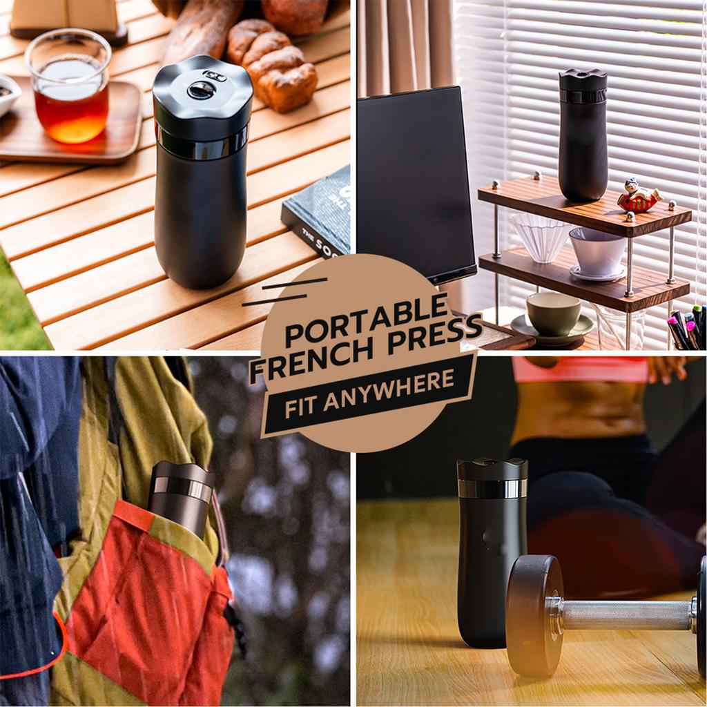 Cafeteira Prensa Francesa Portátil, Copo Térmico de Aço Inoxidável 304 Isolado de 320ml com Tampa de Travamento à Prova de Vazamento, 8 Horas
