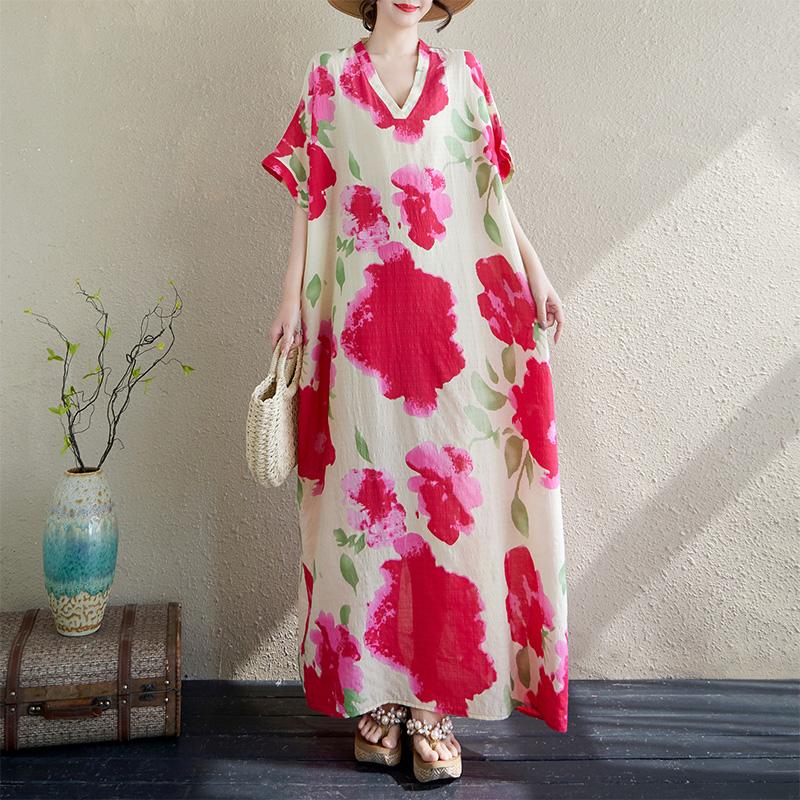

DIMANAF Plus Size 2025 Summer Dress V-Neck Women Floral Beach Casual Vintage Dress Basic Long Loose Dress Maxi One Size розовый