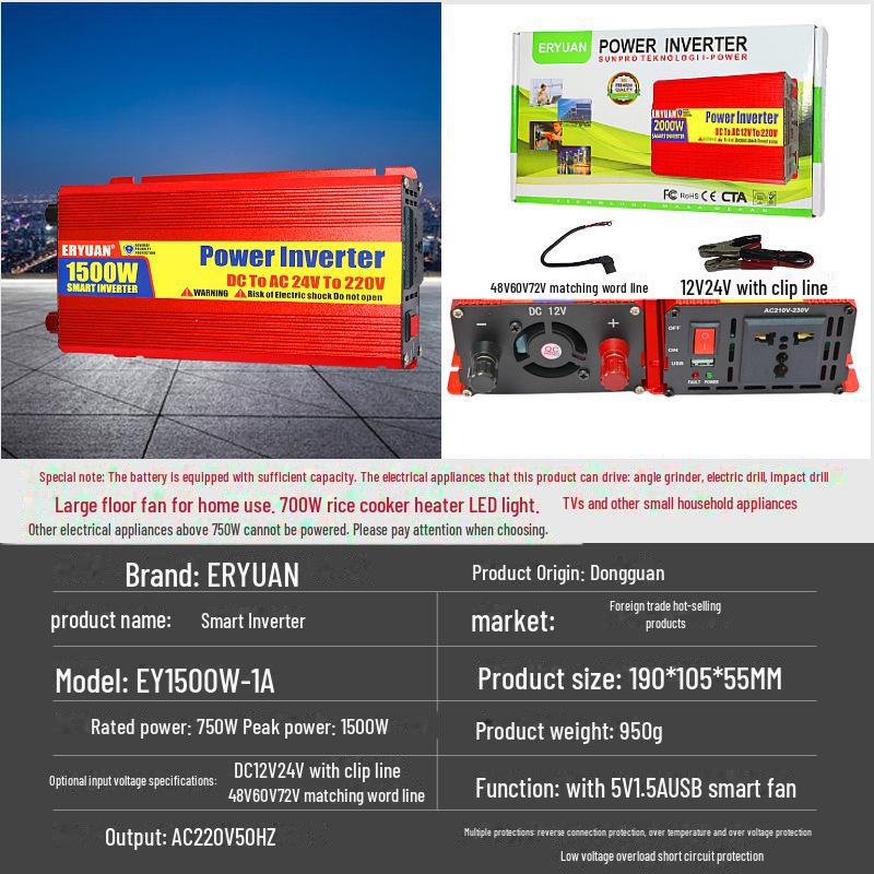 500W/1000W 12V/24V to 220V Solar Car Inverter with USB & Anti-Reverse Protection