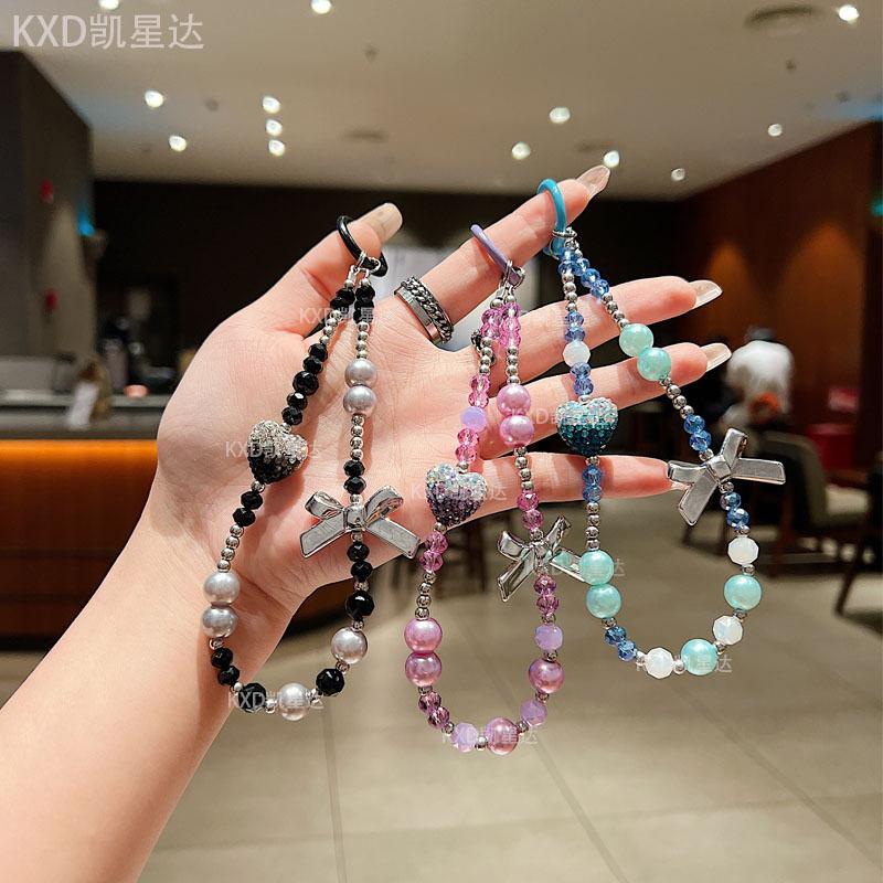 New Rhinestone Heart Crystal Phone Chain High-End Butterfly Phone Lanyard Short Keychain Pendant Accessory for Women