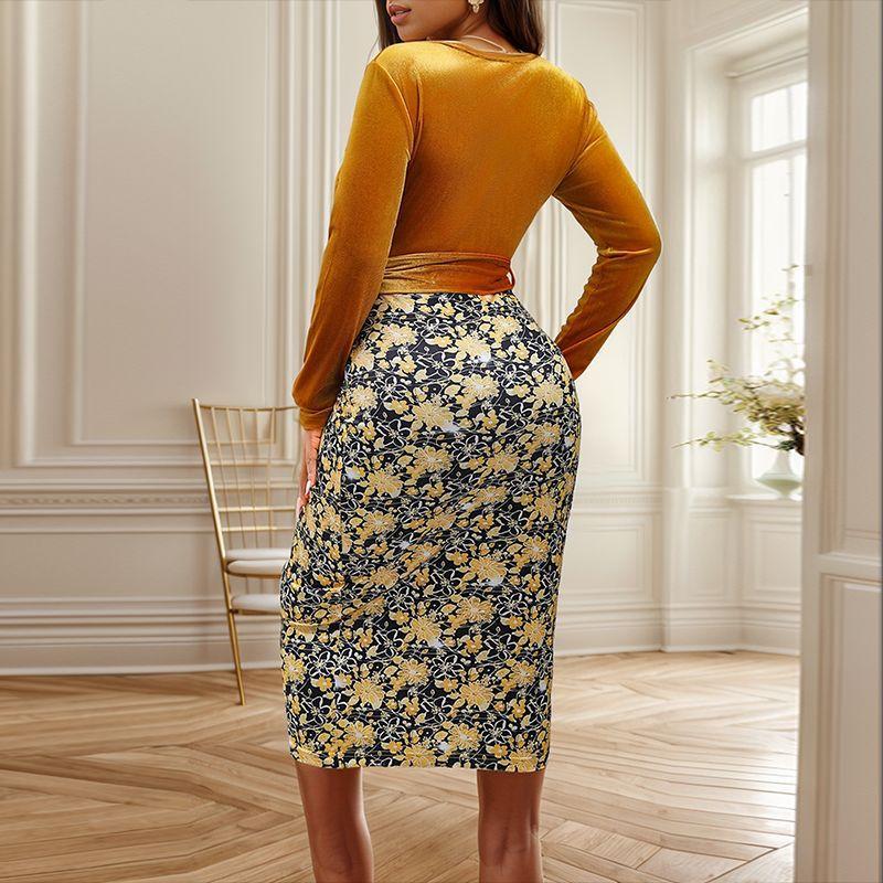 YYFS Moda damska Wiosna Jesień Kwiatowy wzór Drukuj Długi rękaw, Dekolt w kształcie litery V, Wysoka talia, Casual Sukienki