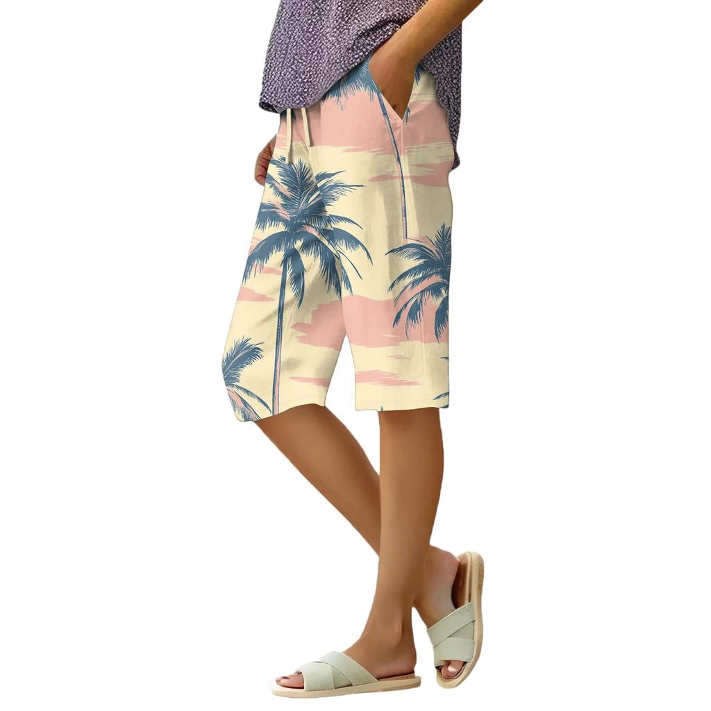 Women's Summer Elasticated Tie Waist Floral Cotton & Linen Loose Shorts
