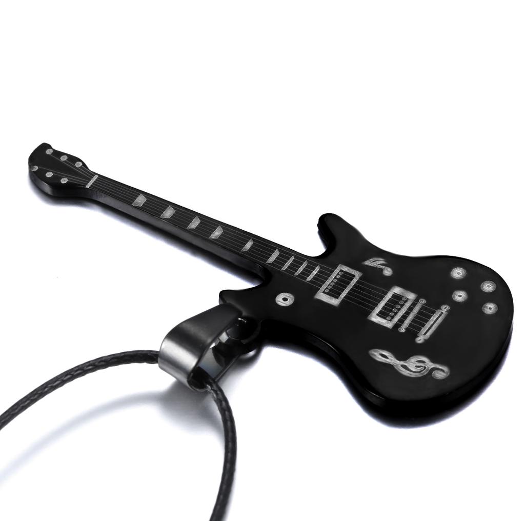 Fashion Cool Punk Black Stainless Steel Guitar Pendant Necklaces Men Women Leather Chain Hiphop Rock Collar Jewelry Dropshipping