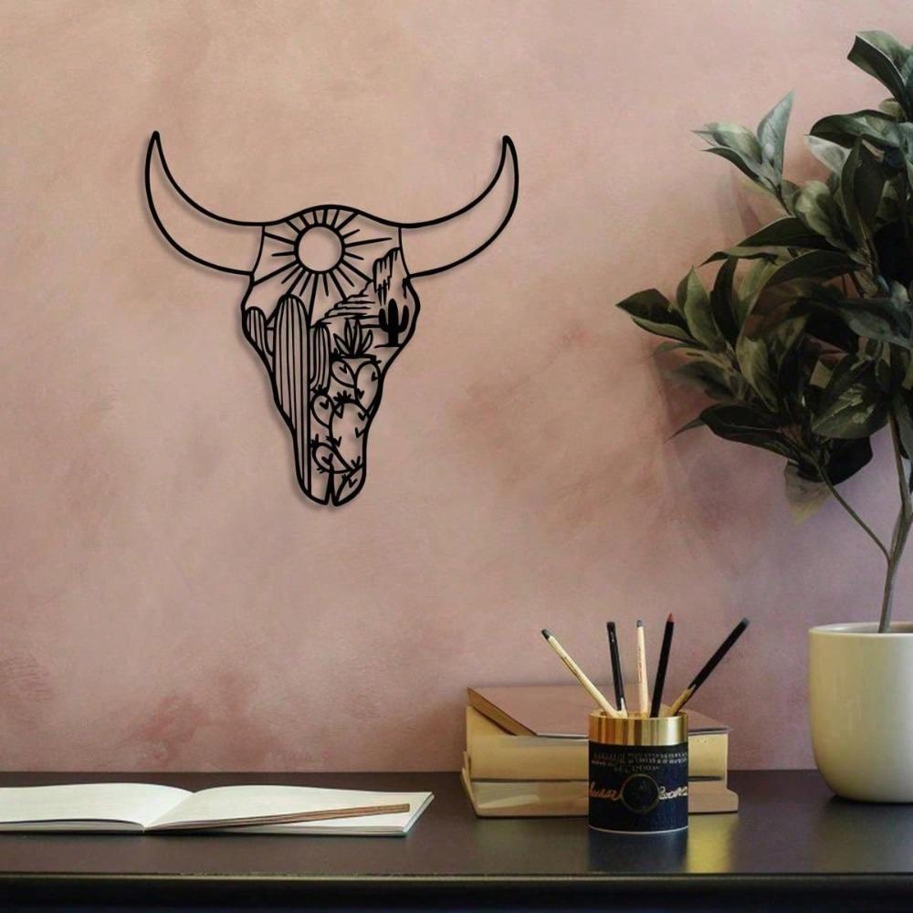 Metal Longhorn Skull Wall Decor, Desert Cactus Silhouette Art, Boho Southwest Home Ornament, Unique Garden Gift