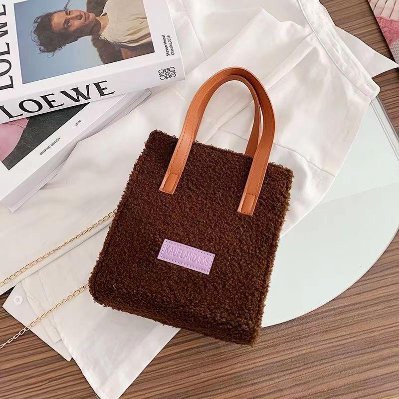 Women Winter Shoulder Bag Lamb Wool Warm Soft Autumn Ins Square Cross-Body Portable Casual Beige Khaki Girls Preppy Style