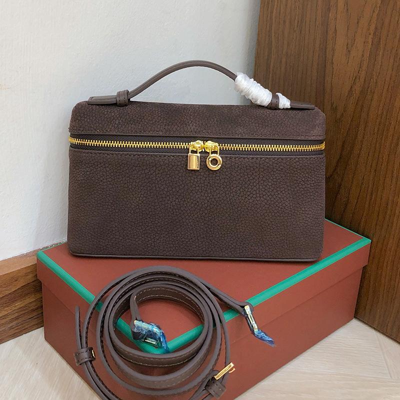 2025 New Gold Buckle Nubuckle Cowhide LP19 Lunch Box Bag Genuine Leather Versatile Small Square Bag Handheld One Shoulder Crossbody Bag for Women