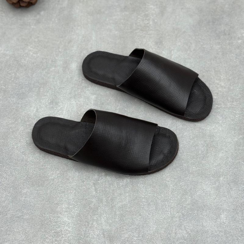 Johnature Retro Genuine Leather Flat Slippers Leisure Versatile Peep Toe Soft Sole Women's Outdoor Slides
