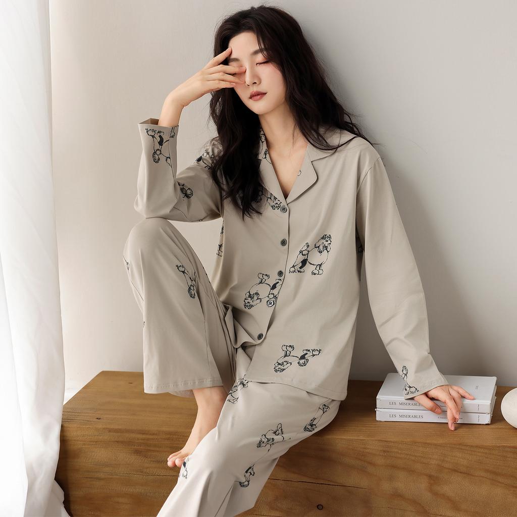 [Shopping Mall Quality] Pajamas Women's Pure Cotton Spring and Autumn Cute Black Bear Long-sleeved Trousers Loungewear Set