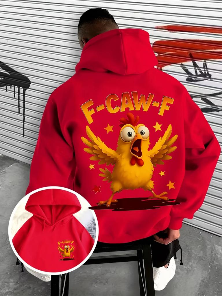 Men Funny F-CAW-F Chicken Slogan Hoodie Loose Fit Cartoon Animal Casual Pullover Street Sweatshirt Autumn Winter