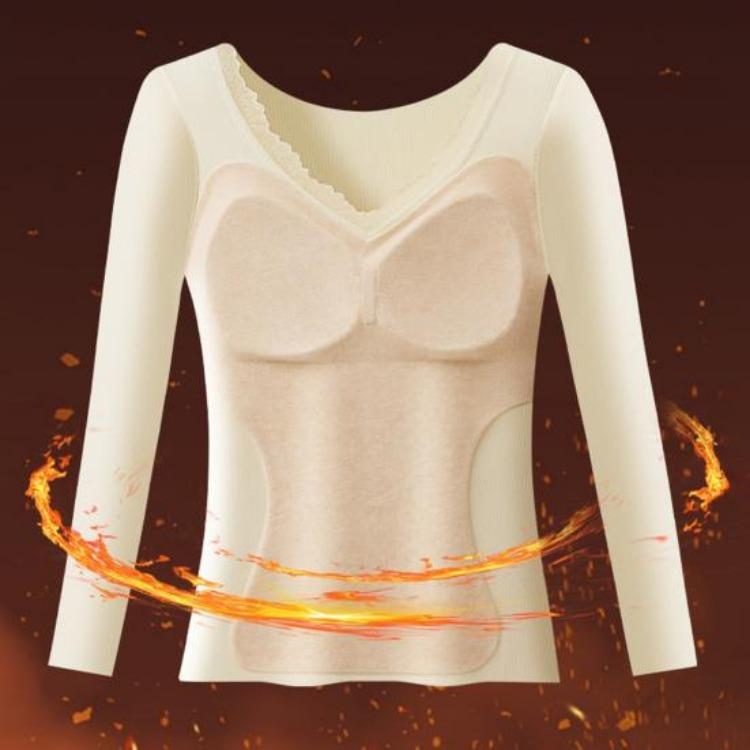 Winter Thermo Oberteil Langarm V-Ausschnitt Damen Slim Fit Shirt Spitzenbesatz Einfarbig Gepolsterte Innenschicht