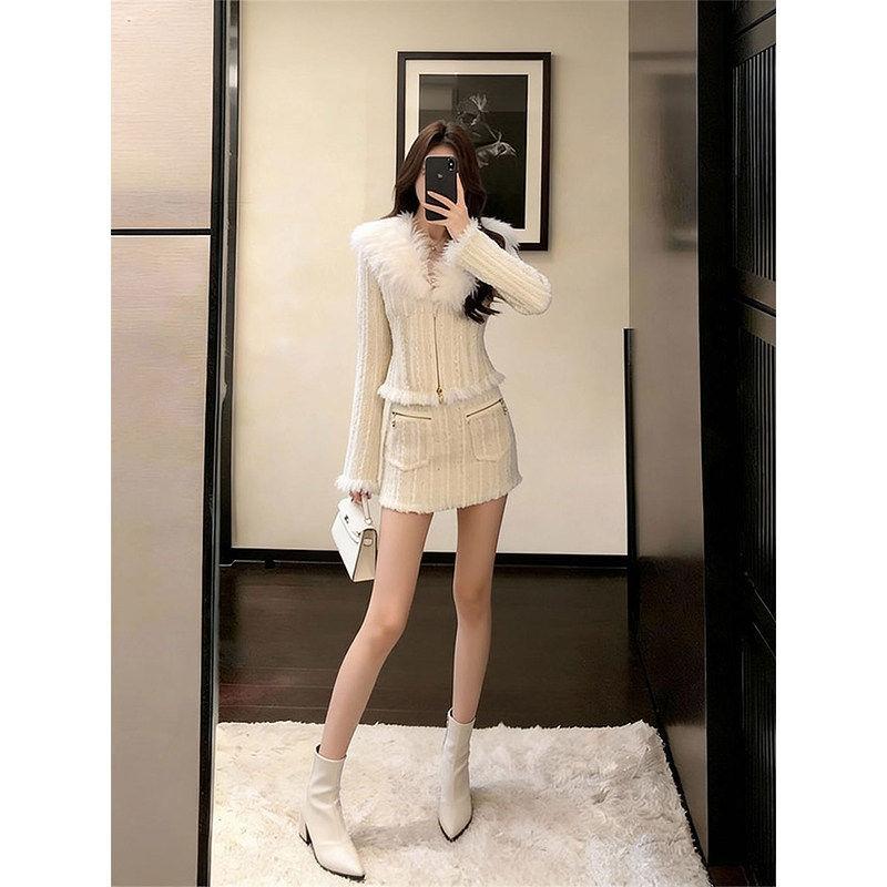 Korean Version of Qianjin Style High-end Two-piece Set for Women's Spring and Autumn Xiaoxiangfeng Design Fur Collar Jacket Skirt Set