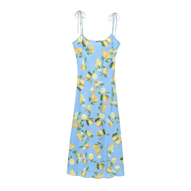 Lemon Flavor Summer South French Romantic High-Grade Lemon Print Oblique Cutting Lace-up Suspender Dress Holiday Style Dress
