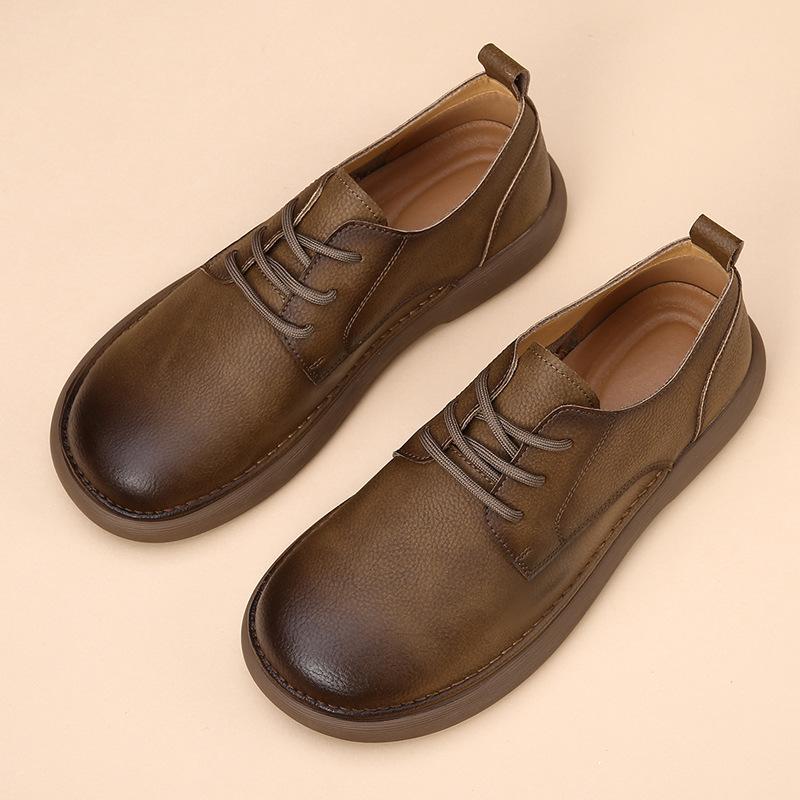 Men's Shoes Spring New Wide Head Genuine Leather Men's Shoes Breathable Trendy Retro Casual Leather Shoes Men