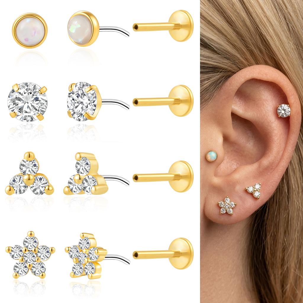 18G Stainless Steel Threadless Flat Back Stud Earrings Hypoallergenic CZ Cartilage Labret Piercing Jewelry for Women