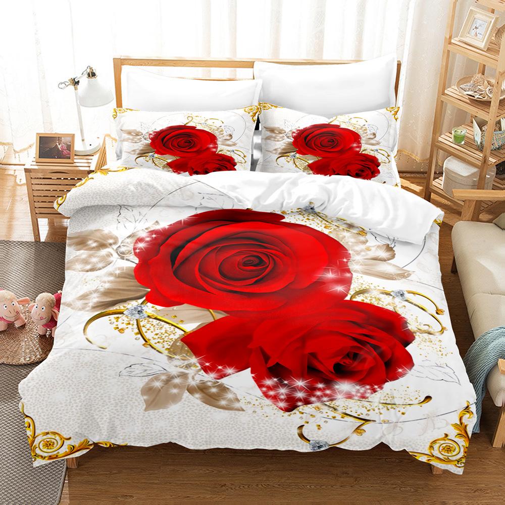 Fleur Roses, Romantique Et Festif Textile De Maison Kit De Draps Impression 3D Motif Cheveux Lisses Trois Pièces Mariage