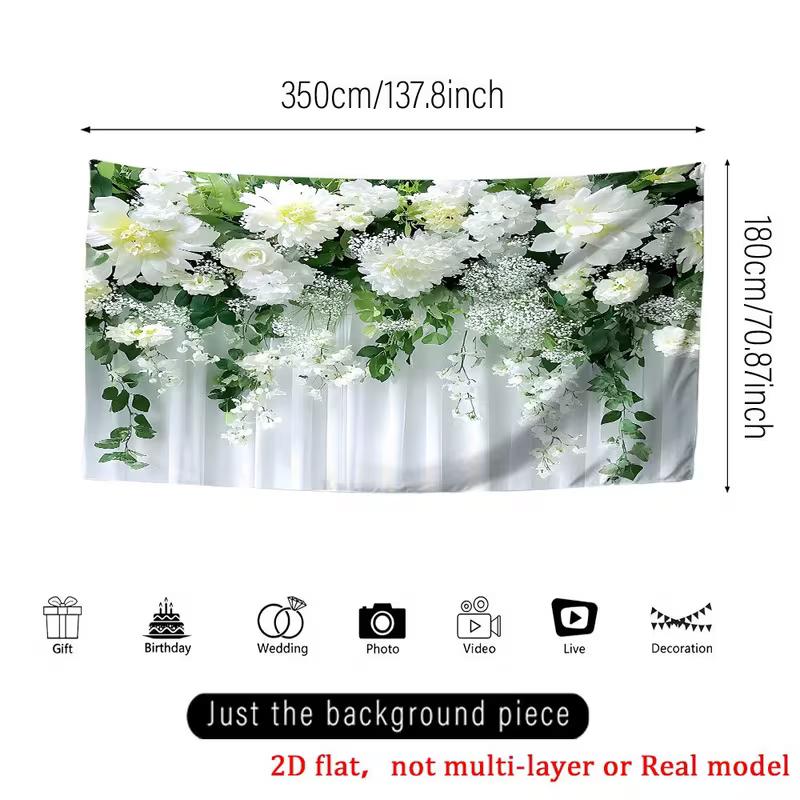 2D White Hydrangea & Green Leaves Backdrop Curtain Style Floral Background for Photoshoot