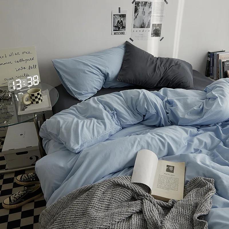 Fashion Solid Color Bed Sheet Style Duvet Cover Set Ab Double-Sided Color Matching Comfortable Sets Washed Cotton Bedding
