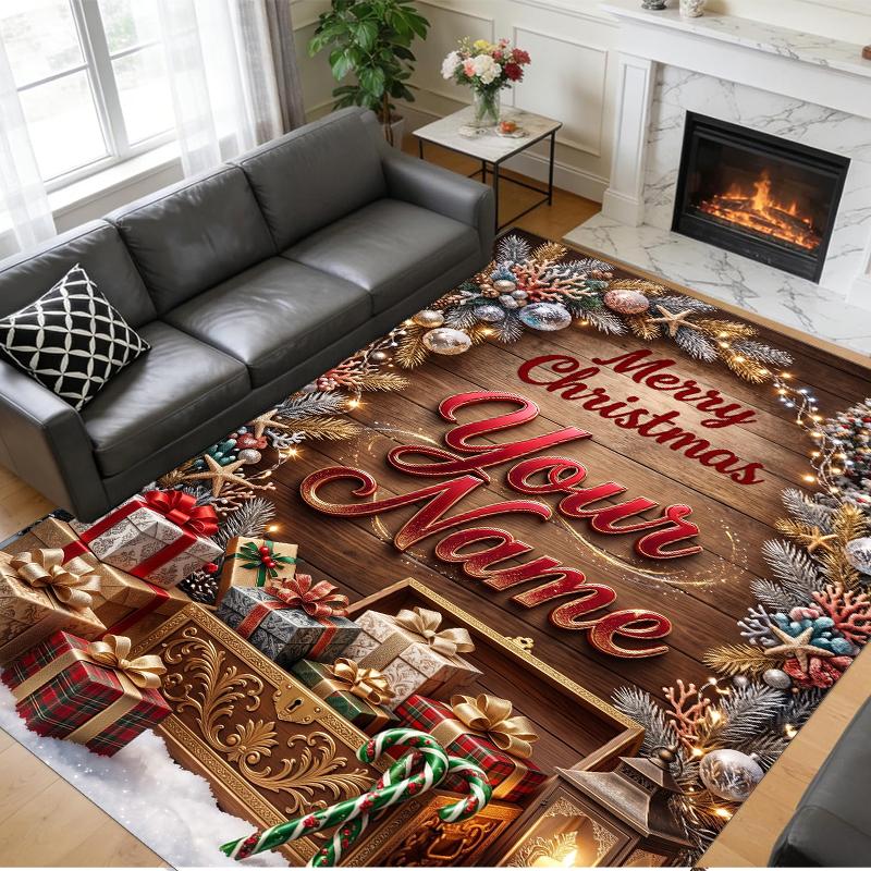 Christmas Custom Name Printed Square Area Rug Soft Non Slip Floor Carpet For Bedroom Holiday Gift