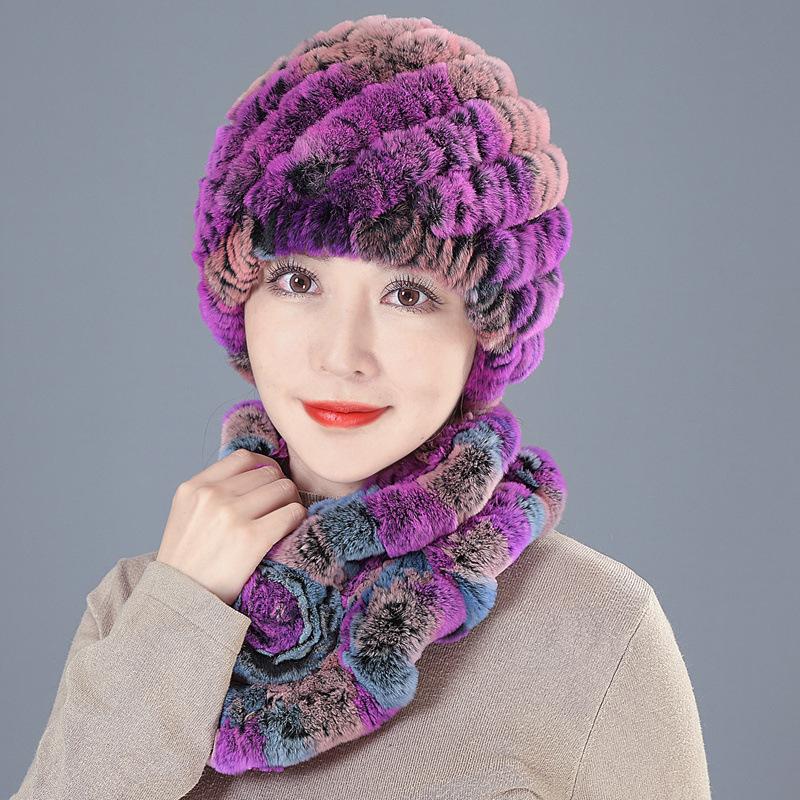 Middle-aged Rex rabbit hair hat female autumn and winter warm elderly grandmother ear protection fur mother wool scarf