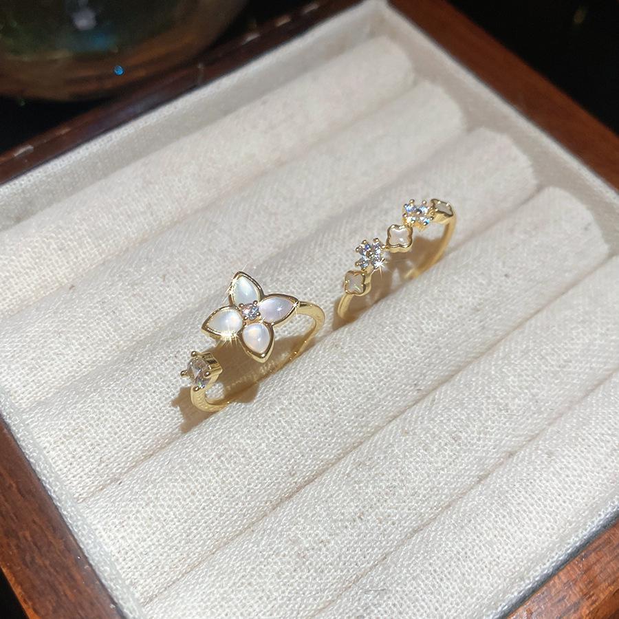 14k Gold Plated Zirconia Flower Open Ring - French Light Luxury Style, High-End Feel, Handcrafted Jewelry.
