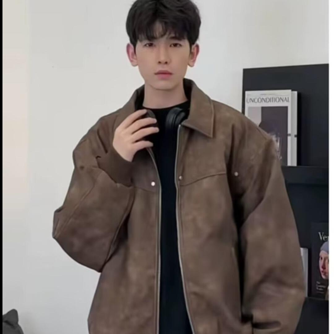 

Men s Trendy American Retro Brown Leather Jacket - High-End European Street Style, Scruffy & Handsome, Loose Fit for Couples M коричневий