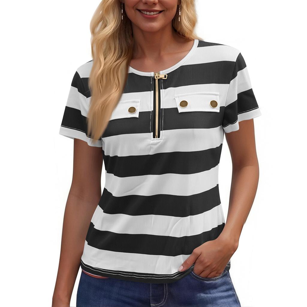 Women's Fashion Color Matching Short Sleeve Round Neck Zipper Top