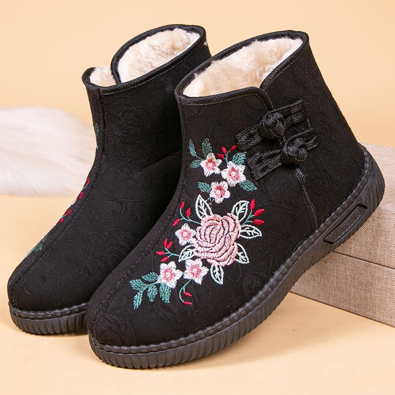 

Зимняя вышитая обувь тканевая обувь женские бархатные утепленные теплые ботинки средней высоты сапоги для снега мамины хлопковые ботинки 38 чёрный