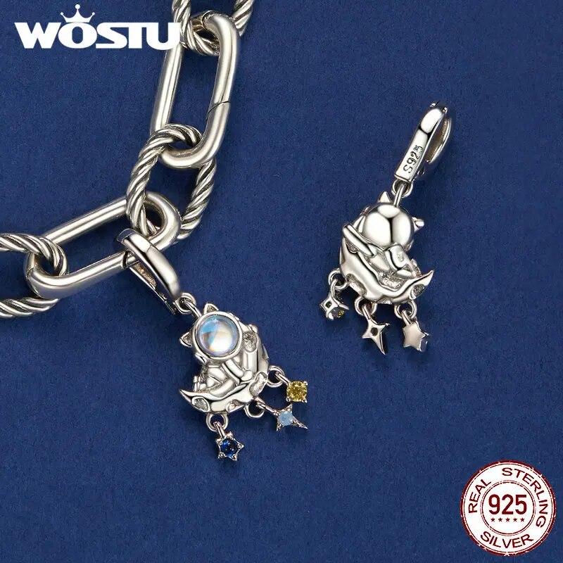 WOSTU 925 Sterling Silver Sparkling Dreamcatcher Shooting Star Pendant Moonstone Astronaut Charm Fit Original Bracelet For Women