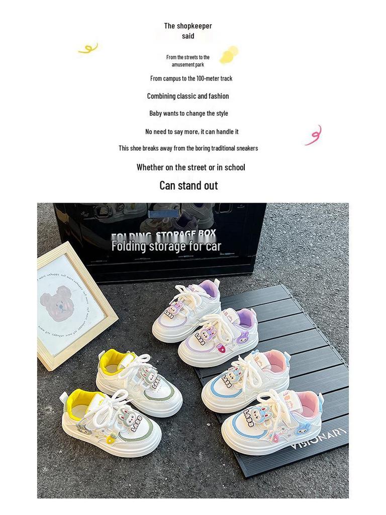 2025 Autumn Girls' Skate Shoes: Soft Sole, Non-Slip, Cartoon Design, Casual White.