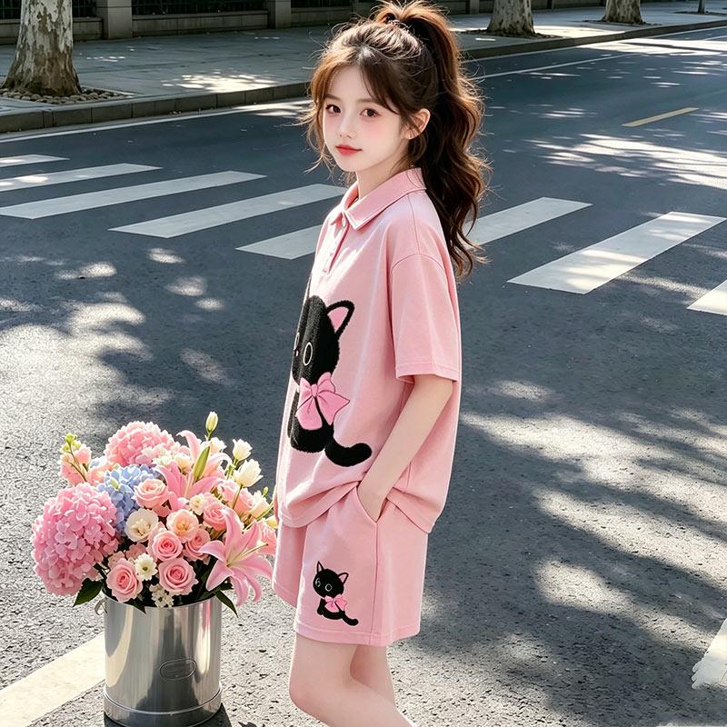 Girls' Summer Outfit Set, New Trendy and Thin Style, Girls' Polo Shirt Short-sleeved Sports Two-piece Set