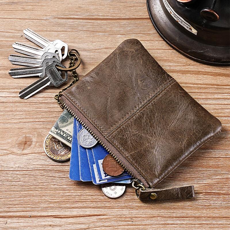 Mens and Women Retro Real Leather Zipper Wallet Card Holder Small Coins Keys Pocket Money Storage Pouch with Chain Key-ring