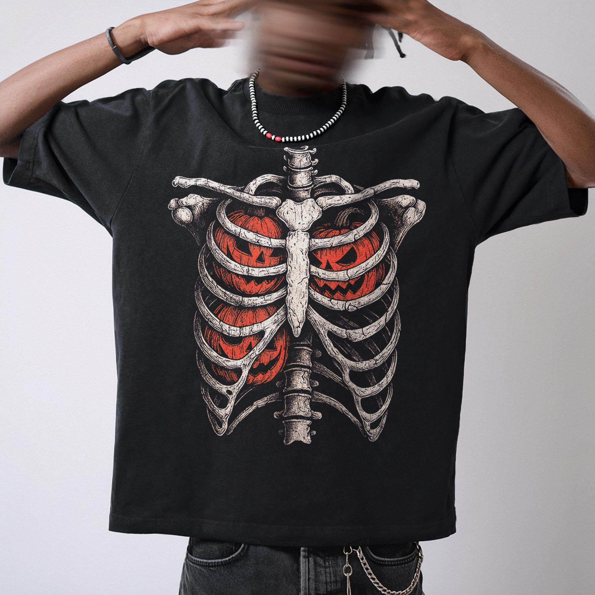 Винтажная футболка с графическим изображением скелета на Хэллоуин Жуткая футболка с ребрами S
