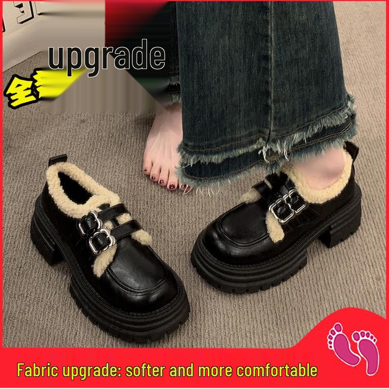 Damen Britischer Stil Fleecegefütterte Doppel-Schnallen Slipper - Dicksohlige, Vielseitige, Warme Lederschuhe