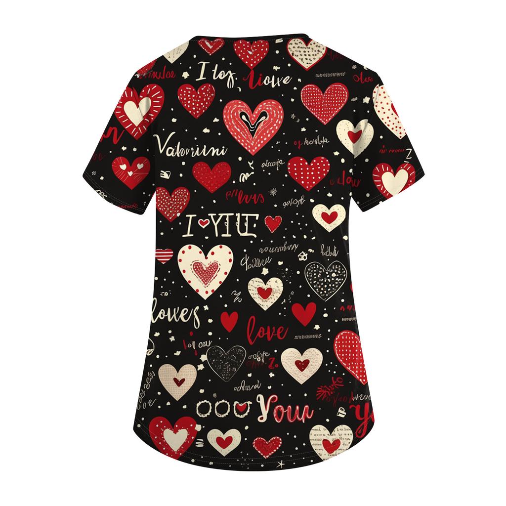 Damenmode Kurzarm Valentinstag-Print V-Ausschnitt Tasche Arbeitskleidung Top