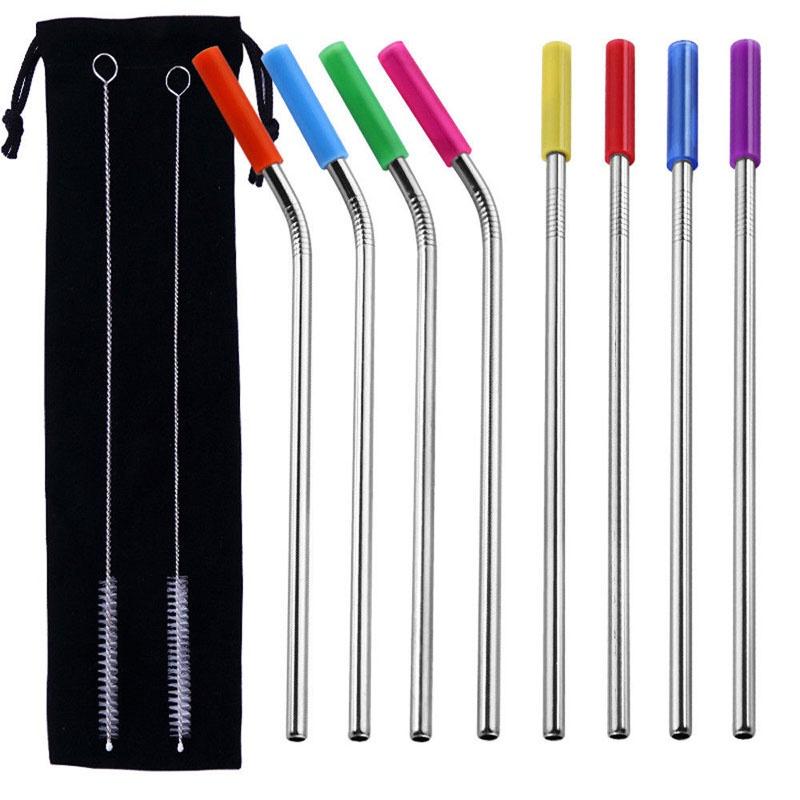 Elegant And Durable 8 Pcs Stainless Steel Metal Drinking Straws With Silicone Tips 215mm